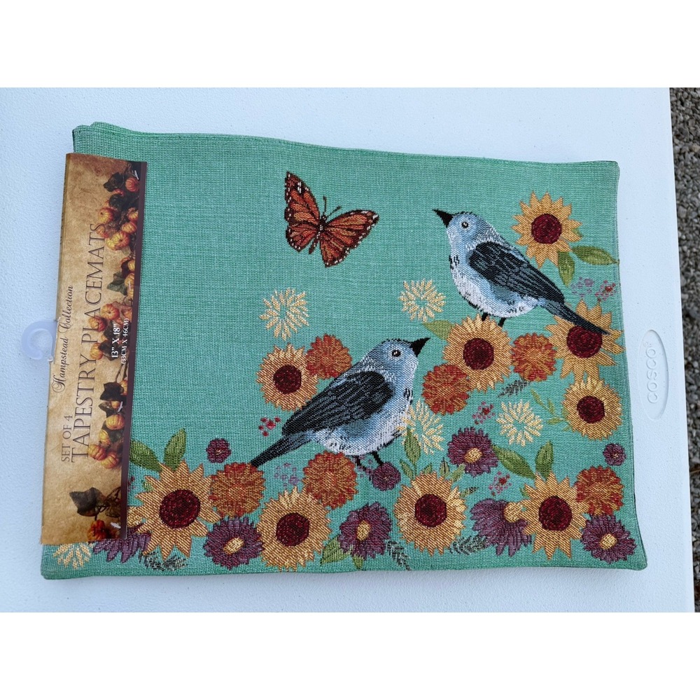 Tapestry Placemats Blue/turquoise‎ With Birds Set Of 4 Summer Theme Floral 13x8